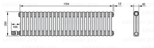 Схема (чертеж) Радиатор Zehnder Charleston 2026/24 №V003 Белый глянцевый RAL 9016